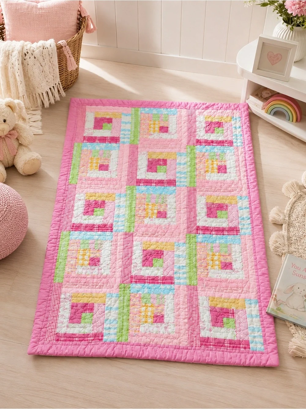Pottery Barn Kids Aloha Pink Patchwork Quilt 36x50 Toddler Nursery Bedding